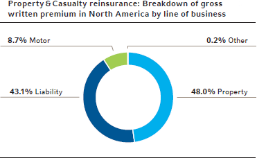 Property & Casualty reinsurance: Breakdown of gross
written premium in North America by line of business