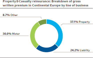 Property & Casualty reinsurance: Breakdown of gross
written premium in Continental Europe by line of business